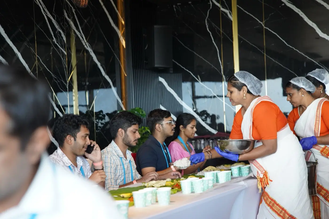 A vegetarian sadya served on a banana leaf